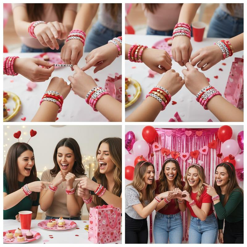 24Pcs Galentines Bracelets Bulk for Girl Women Galentine Gang Friendship Bracelets Galentine Squad Letter Heart Polymer Clay Beaded Bracelets Gift for Classmates Family Friend for Valentine Classroom Exchange Party Favors Non Candy Goody Bag