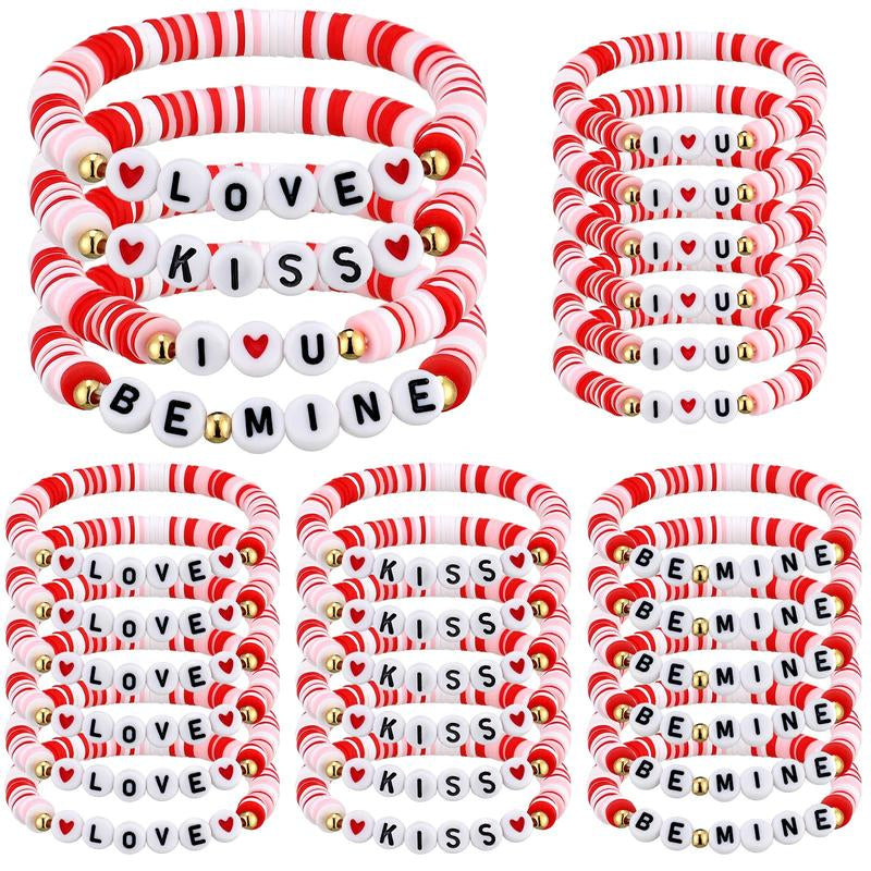 24Pcs Galentines Bracelets Bulk for Girl Women Galentine Gang Friendship Bracelets Galentine Squad Letter Heart Polymer Clay Beaded Bracelets Gift for Classmates Family Friend for Valentine Classroom Exchange Party Favors Non Candy Goody Bag