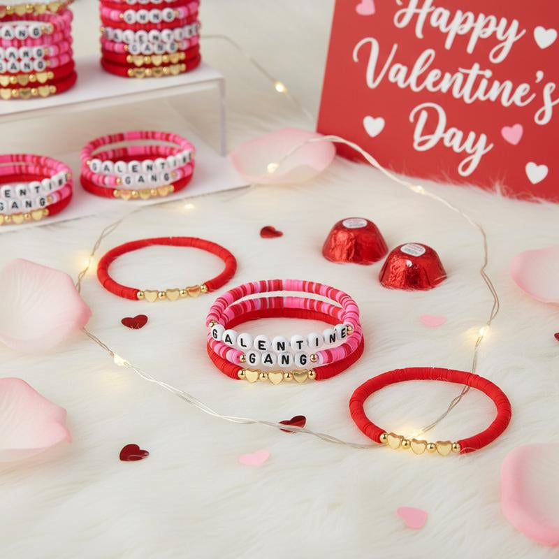 24Pcs Galentines Bracelets Bulk for Girl Women Galentine Gang Friendship Bracelets Galentine Squad Letter Heart Polymer Clay Beaded Bracelets Gift for Classmates Family Friend for Valentine Classroom Exchange Party Favors Non Candy Goody Bag