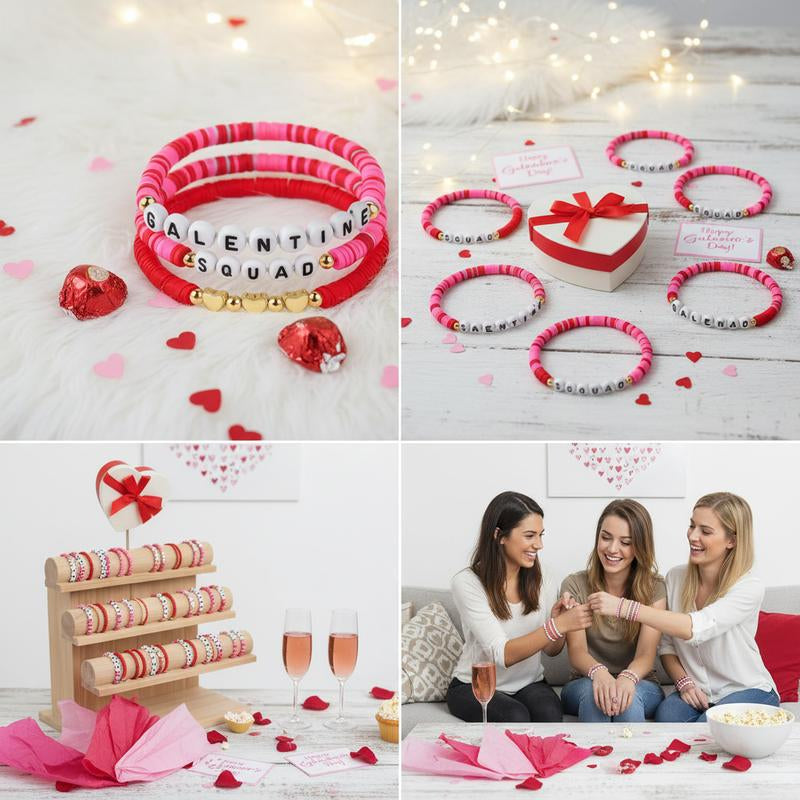 24Pcs Galentines Bracelets Bulk for Girl Women Galentine Gang Friendship Bracelets Galentine Squad Letter Heart Polymer Clay Beaded Bracelets Gift for Classmates Family Friend for Valentine Classroom Exchange Party Favors Non Candy Goody Bag