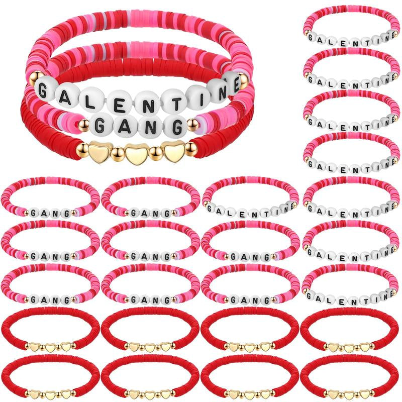 24Pcs Galentines Bracelets Bulk for Girl Women Galentine Gang Friendship Bracelets Galentine Squad Letter Heart Polymer Clay Beaded Bracelets Gift for Classmates Family Friend for Valentine Classroom Exchange Party Favors Non Candy Goody Bag
