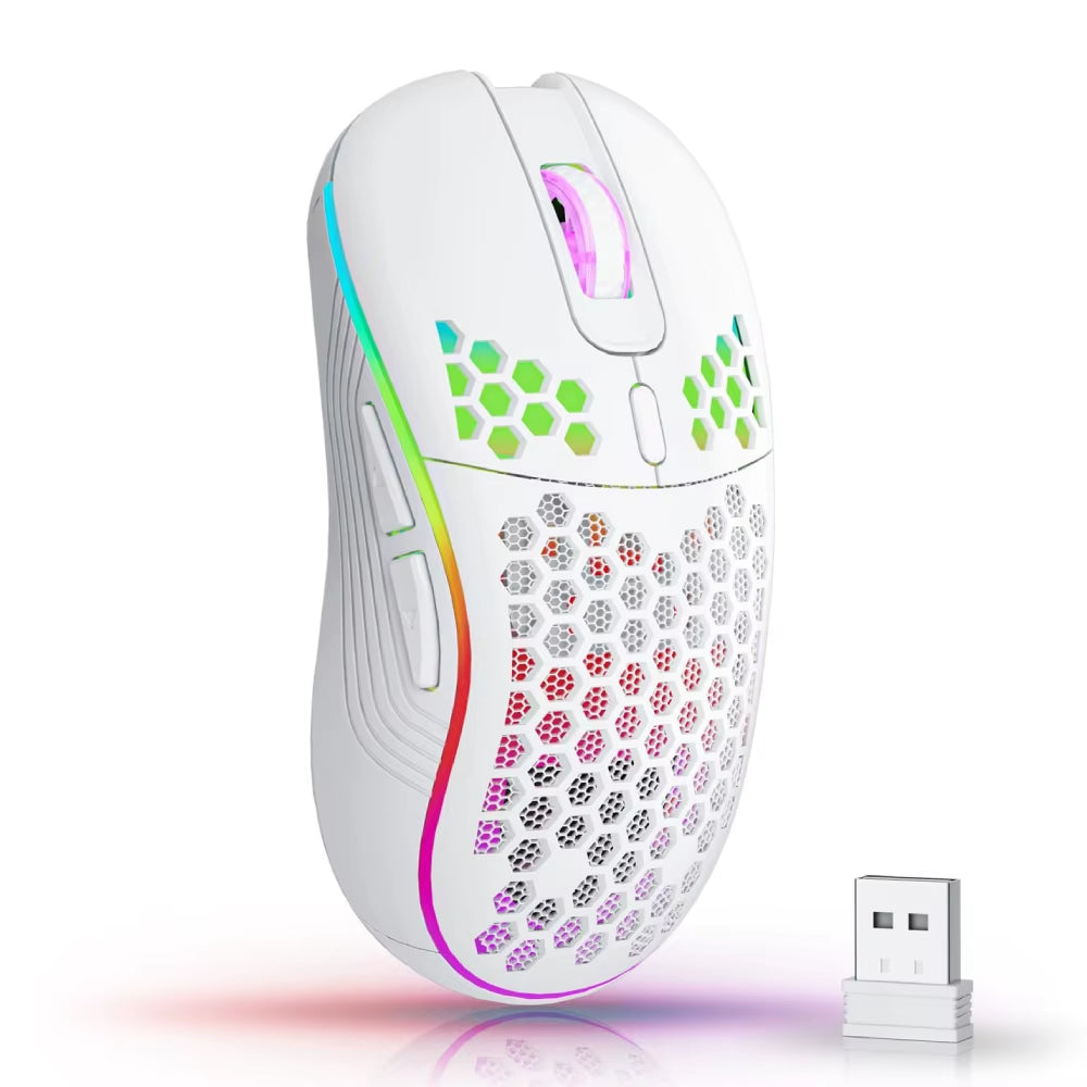 2.4G Wireless Mouse with RGB Backlit 6-Button 3-Speed DPI Type C Rechargeable Ergonomic Honeycomb Design Gaming Mouse 