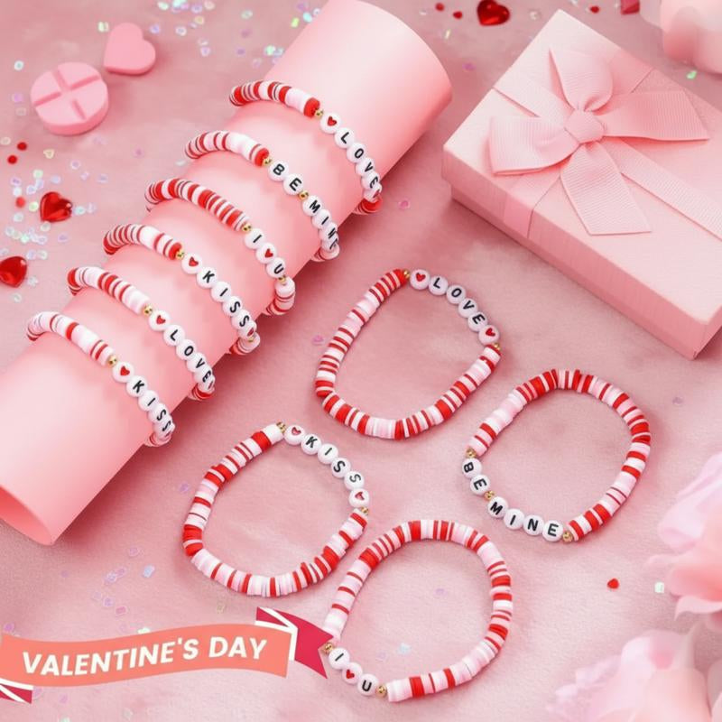 24Pcs Galentines Bracelets Bulk for Girl Women Galentine Gang Friendship Bracelets Galentine Squad Letter Heart Polymer Clay Beaded Bracelets Gift for Classmates Family Friend for Valentine Classroom Exchange Party Favors Non Candy Goody Bag
