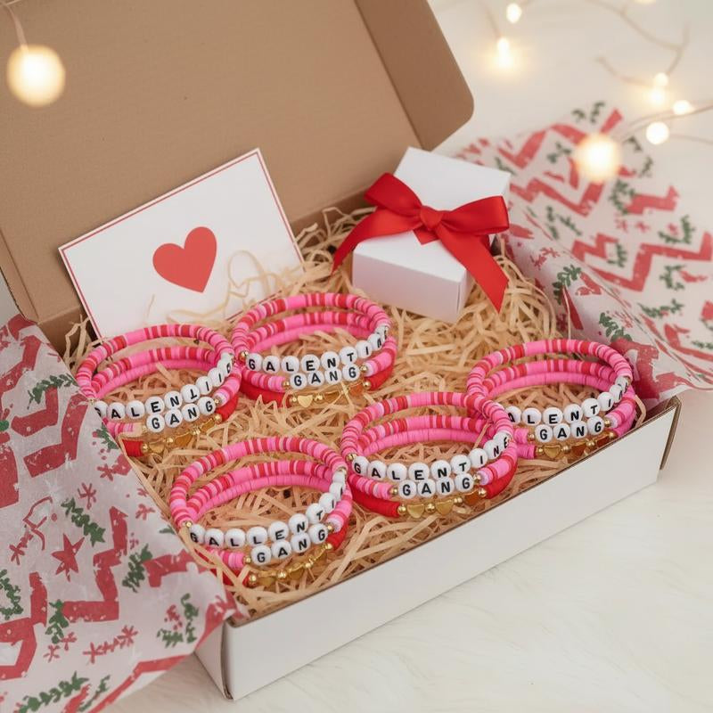 24Pcs Galentines Bracelets Bulk for Girl Women Galentine Gang Friendship Bracelets Galentine Squad Letter Heart Polymer Clay Beaded Bracelets Gift for Classmates Family Friend for Valentine Classroom Exchange Party Favors Non Candy Goody Bag