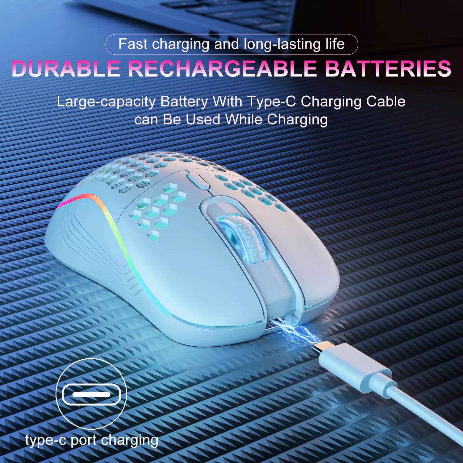 2.4G Wireless Mouse with RGB Backlit 6-Button 3-Speed DPI Type C Rechargeable Ergonomic Honeycomb Design Gaming Mouse 