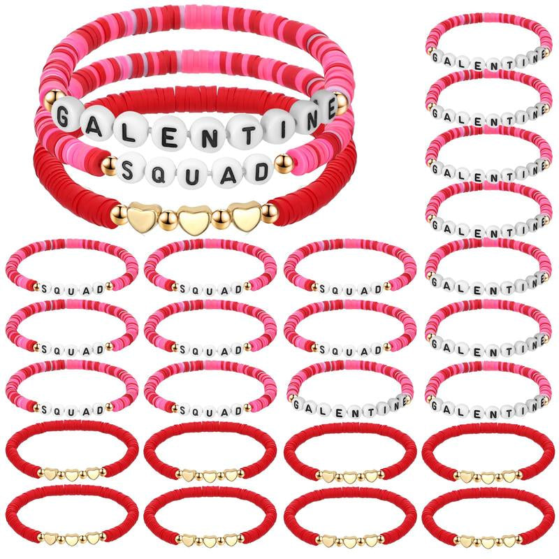 24Pcs Galentines Bracelets Bulk for Girl Women Galentine Gang Friendship Bracelets Galentine Squad Letter Heart Polymer Clay Beaded Bracelets Gift for Classmates Family Friend for Valentine Classroom Exchange Party Favors Non Candy Goody Bag